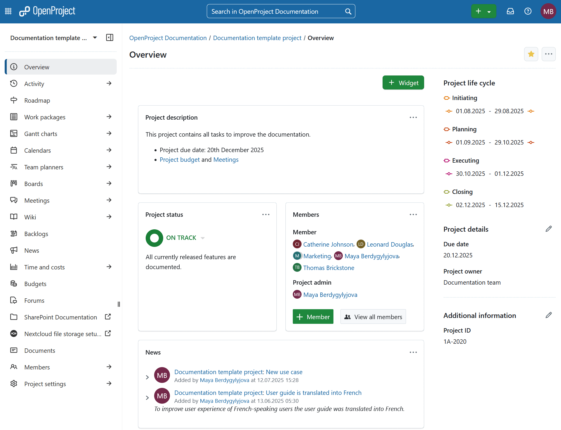 Screenshot of OpenProject 16.4: New design for the project overview page