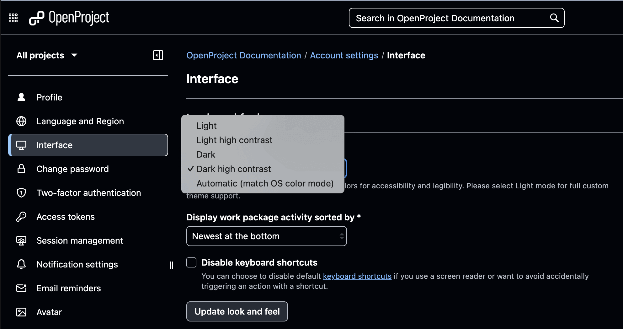 Screenshot of OpenProject 16.4: Account settings to adjust color mode to new options like high contrast and Automatic mode