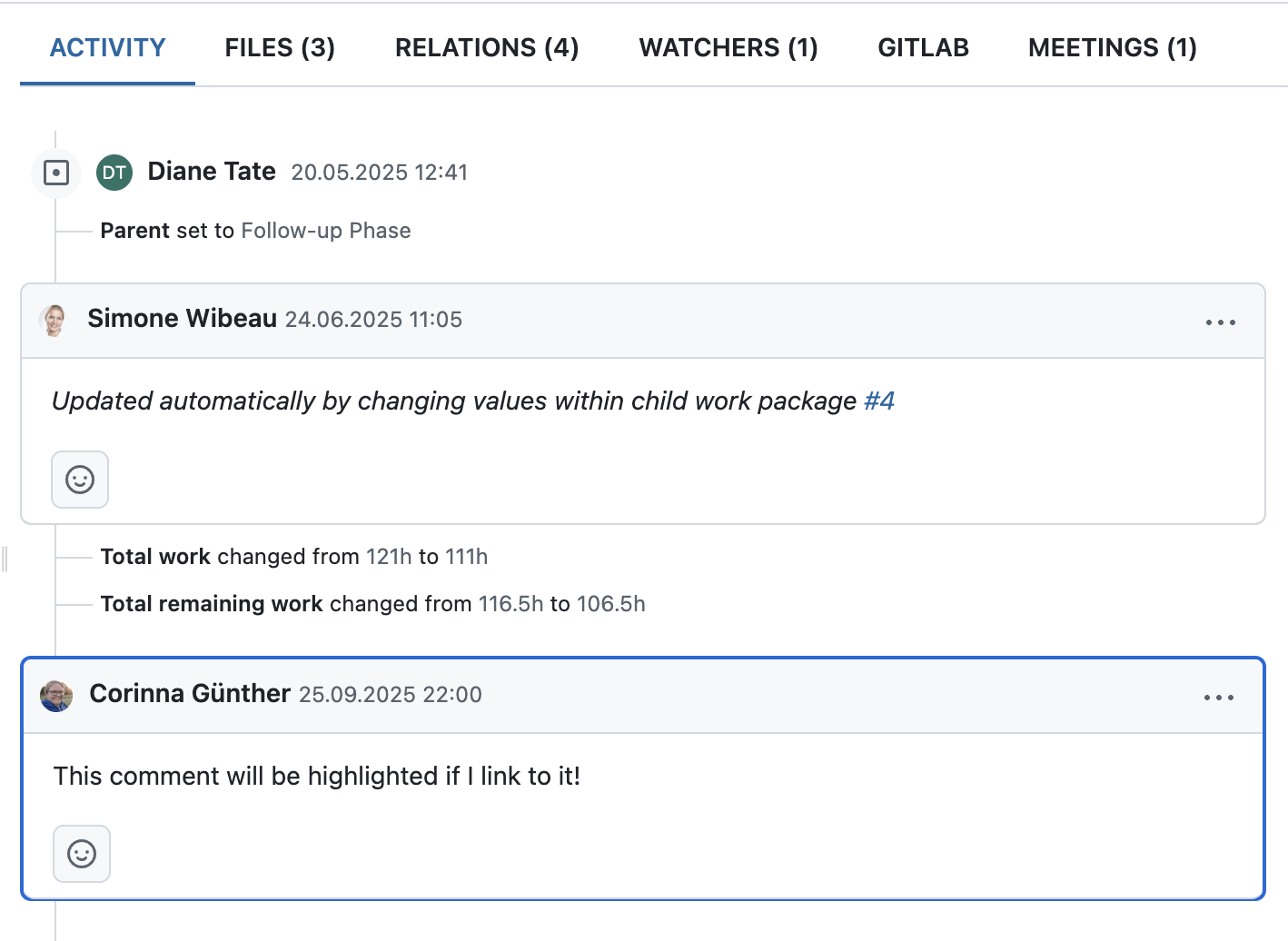 OpenProject work package Activity tab, comment highlighted with blue frame saying “This comment will be highlighted if I link to it!”