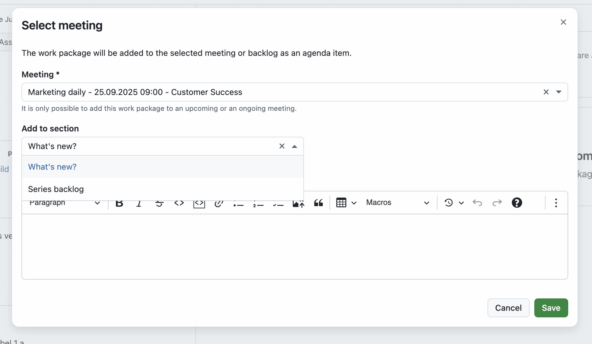 OpenProject work package, Meetings tab: Modal to “Select a meeting” with the Meeting selected being a Marketing daily and a “Add to section” dropdown with two sections to choose from.