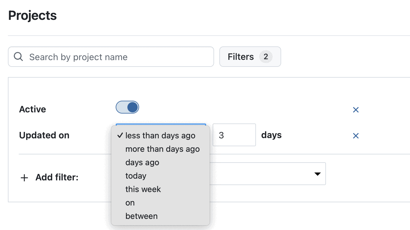 OpenProject project list, filtered for “Updated on” and selected “less than days ago” with a “3” added to the number of days.