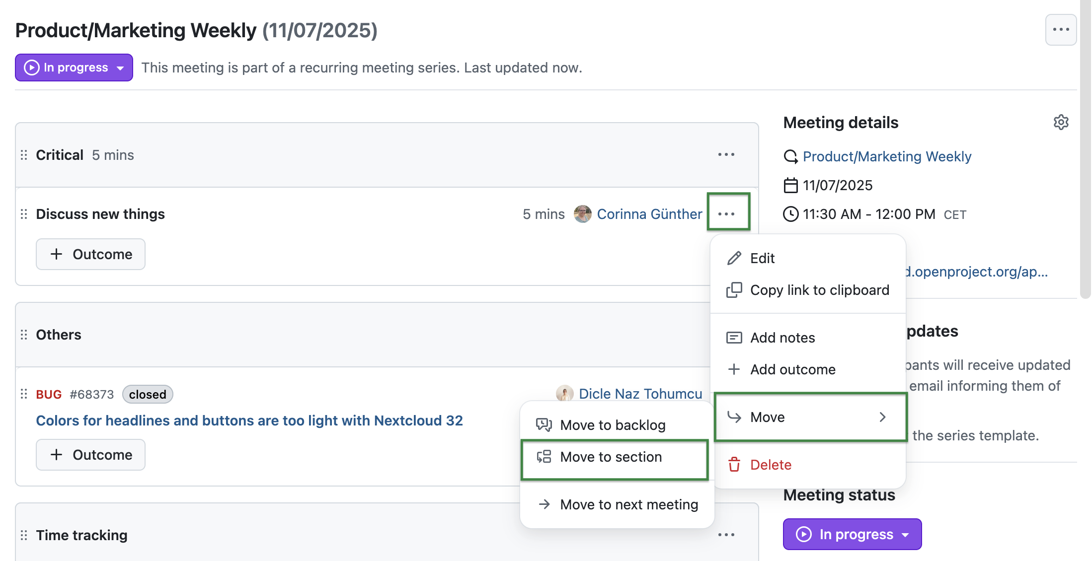 OpenProject 16.6: Meetings module showing the options when clicking on the More menu on an agenda item