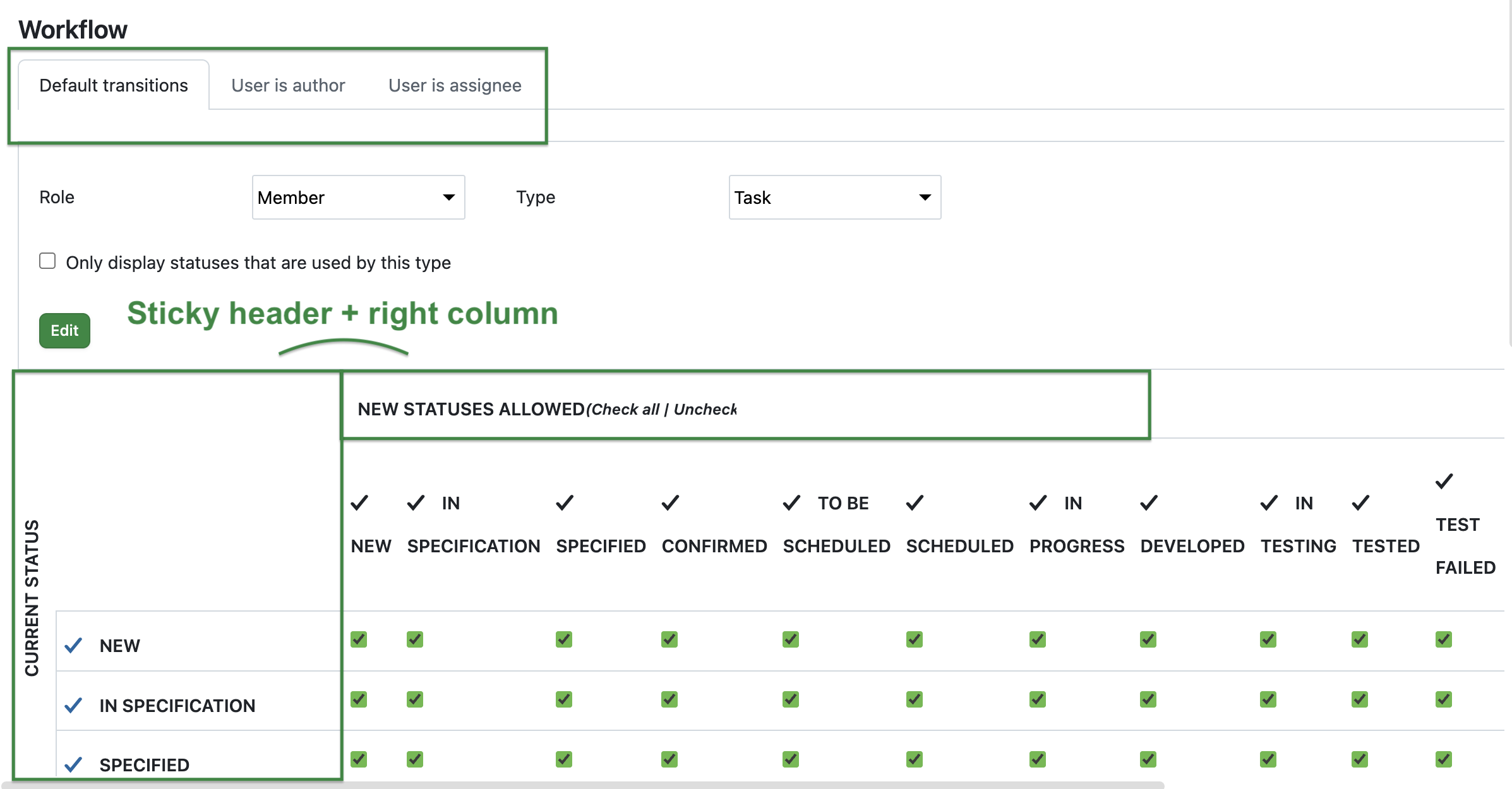 OpenProject 16.6: Administration for work package workflows highlighting the new tabs and that the header and right column are sticky when scrolling