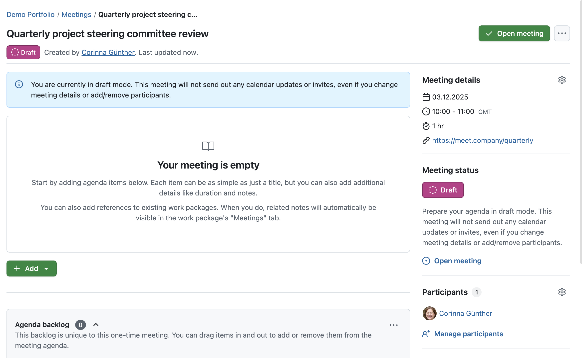 OpenProject meeting draft mode, indicated by a “Draft” status and a banner explaining draft mode. There is a green button “Open meeting in the upper right corner”.