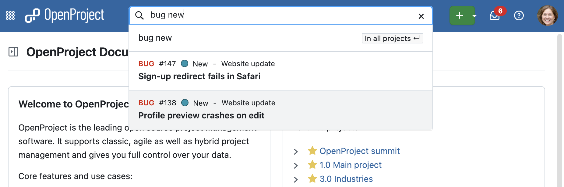 Global search bar in OpenProject, “bug new” is typed in and two work packages of type bug and status new are displayed