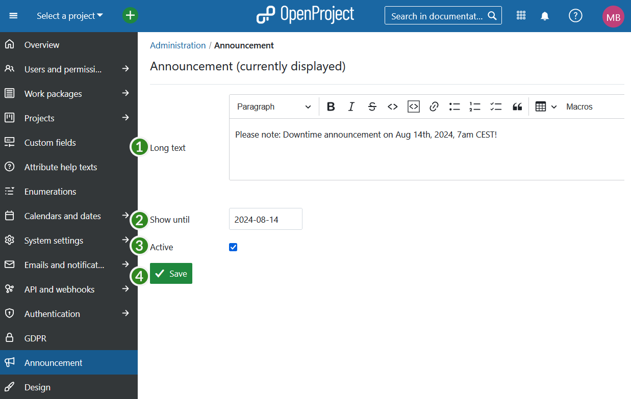 Define an announcement in OpenProject administration