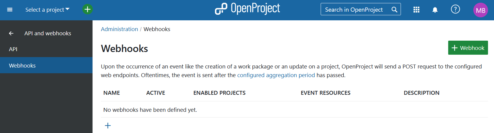 Add a new webhook in OpenProject administration