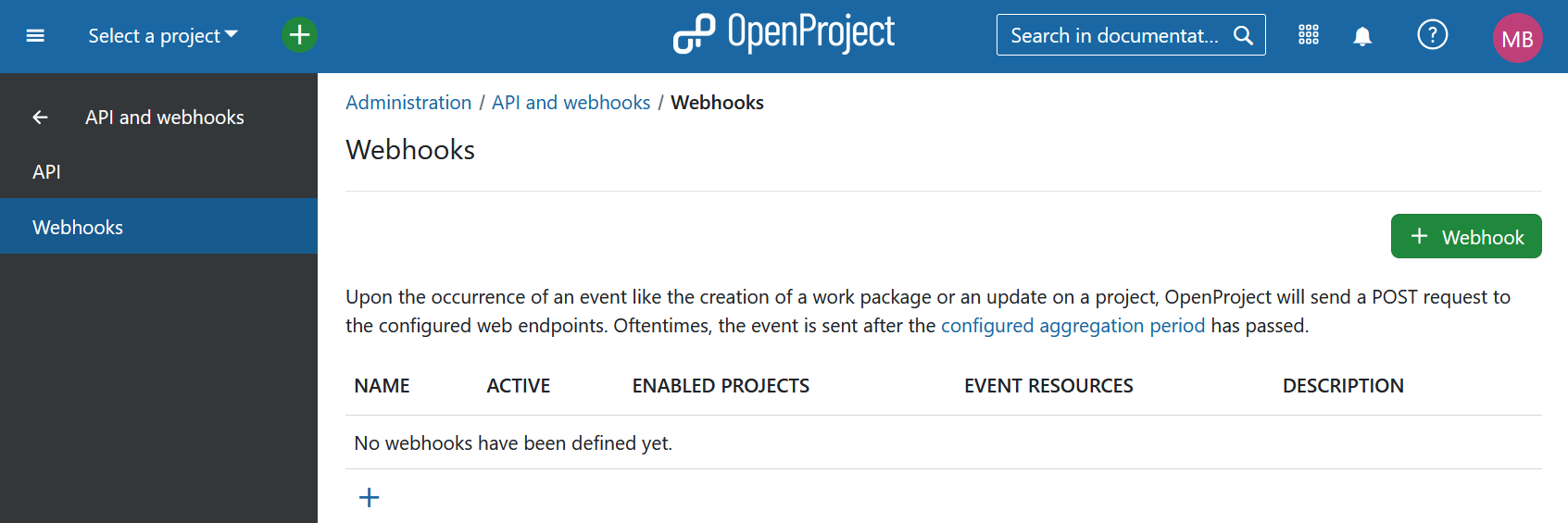 Webhooks in OpenProject administration