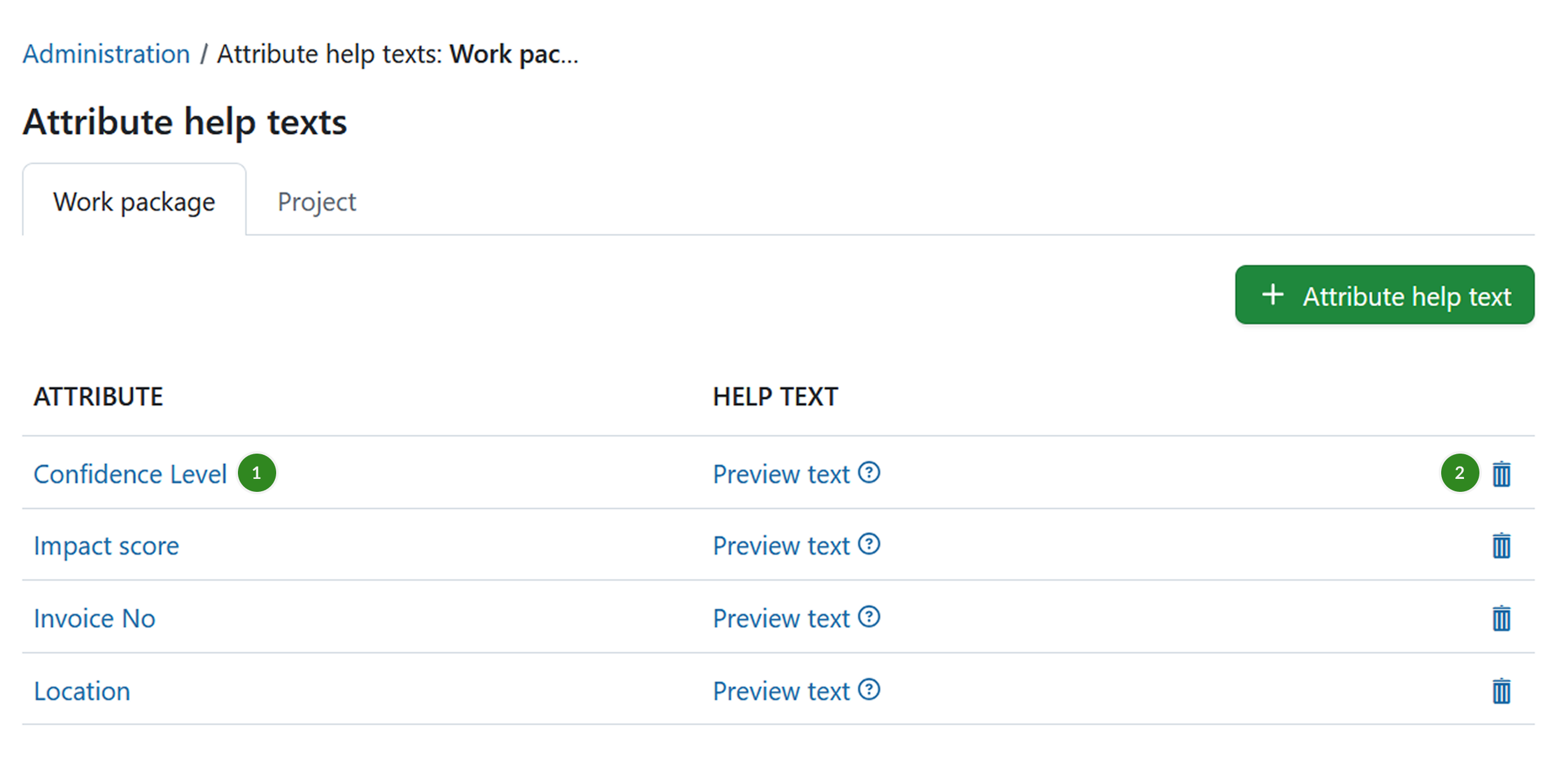 Edit or delete help attribute texts in OpenProject administration