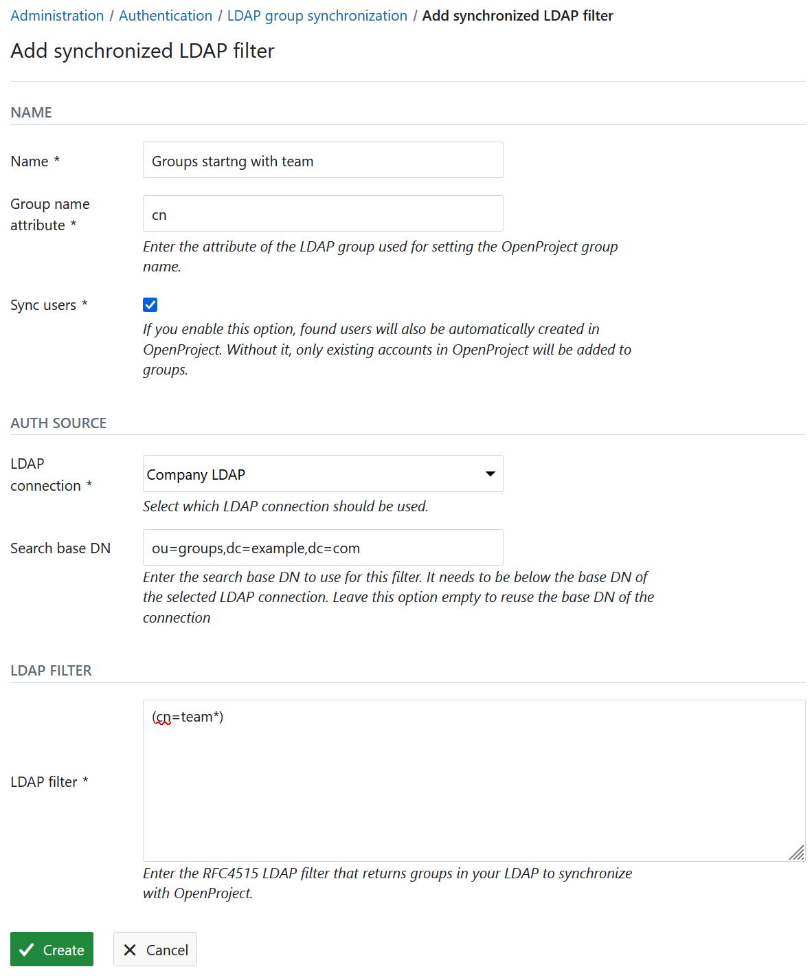 LDAP synchronized filter form in OpenProject administration