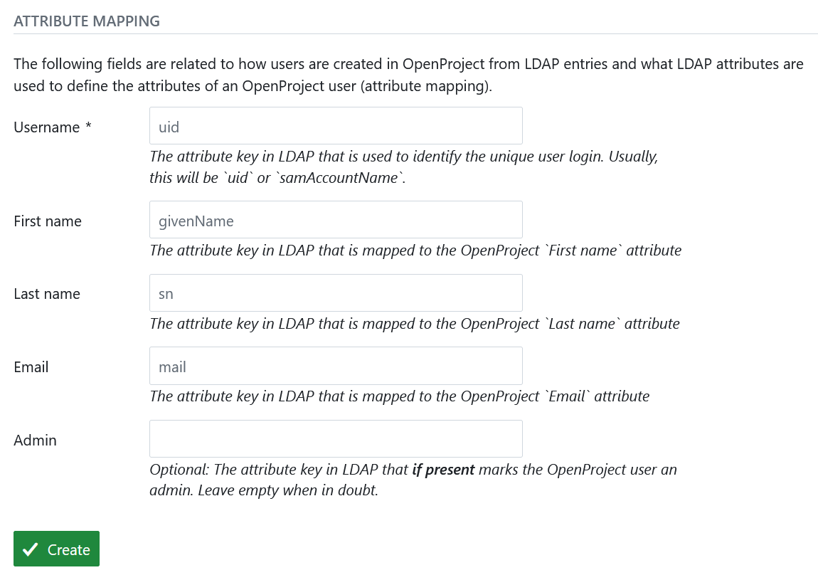 Defining the attribute map for users in OpenProject administration