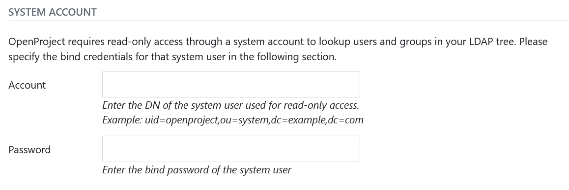 Defining the system user of the LDAP connection in OpenProject administration