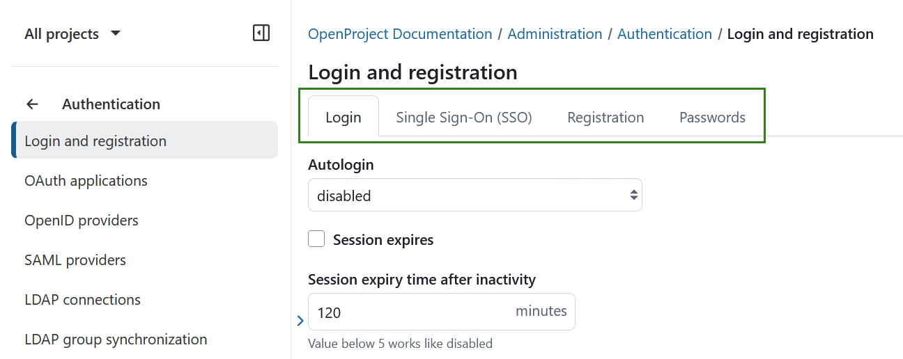 Login and registration settings in OpenProject administration