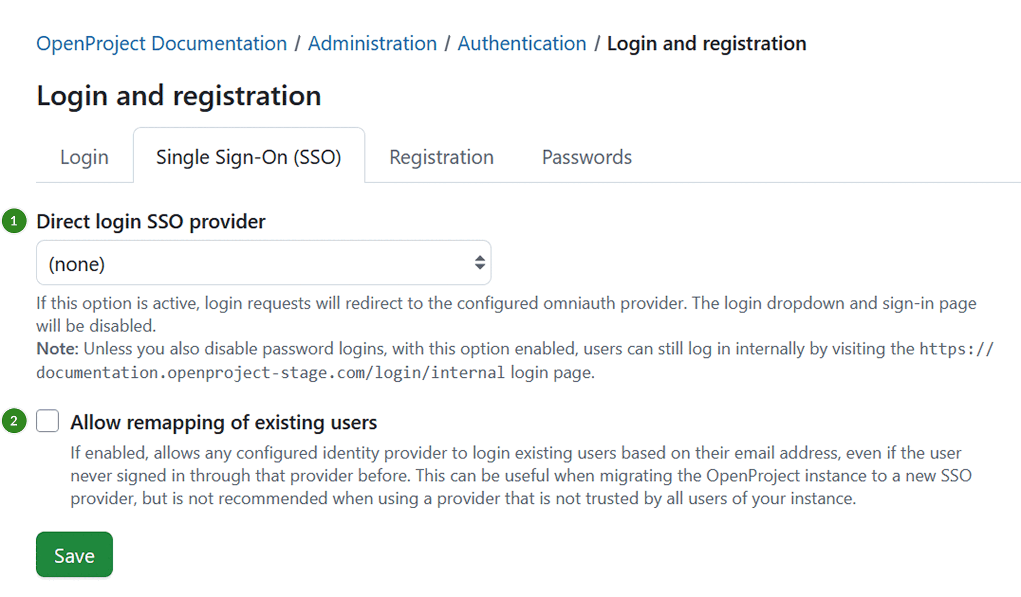 SSO tab under login and registration settings in OpenProject system administration