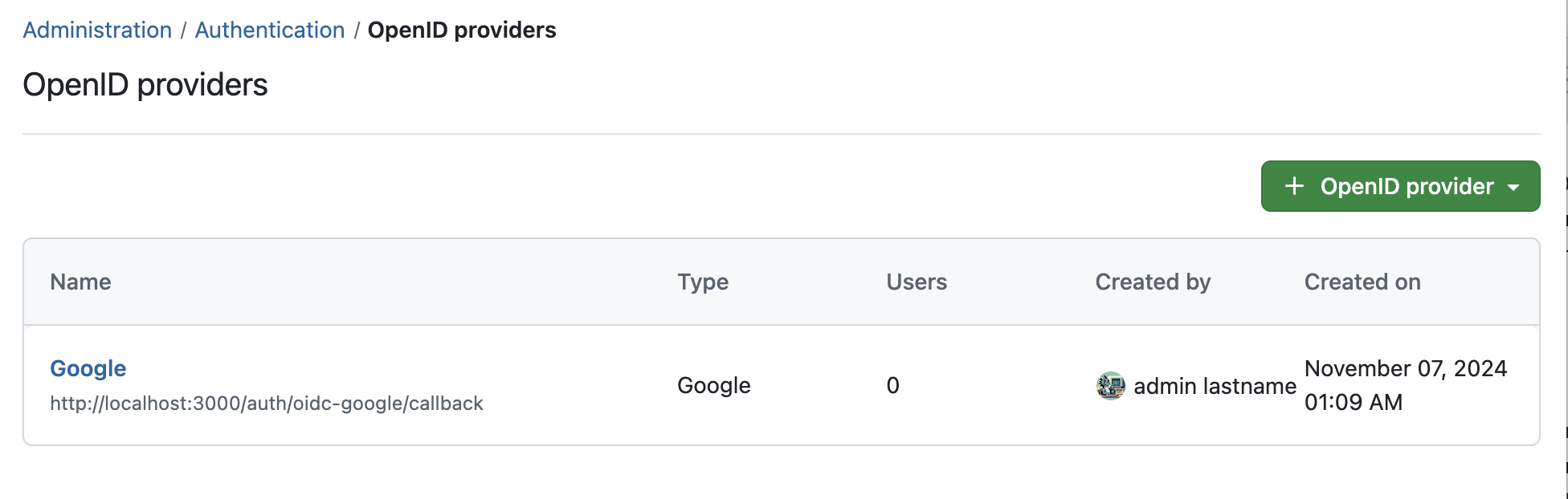 Saved Google authentication provider