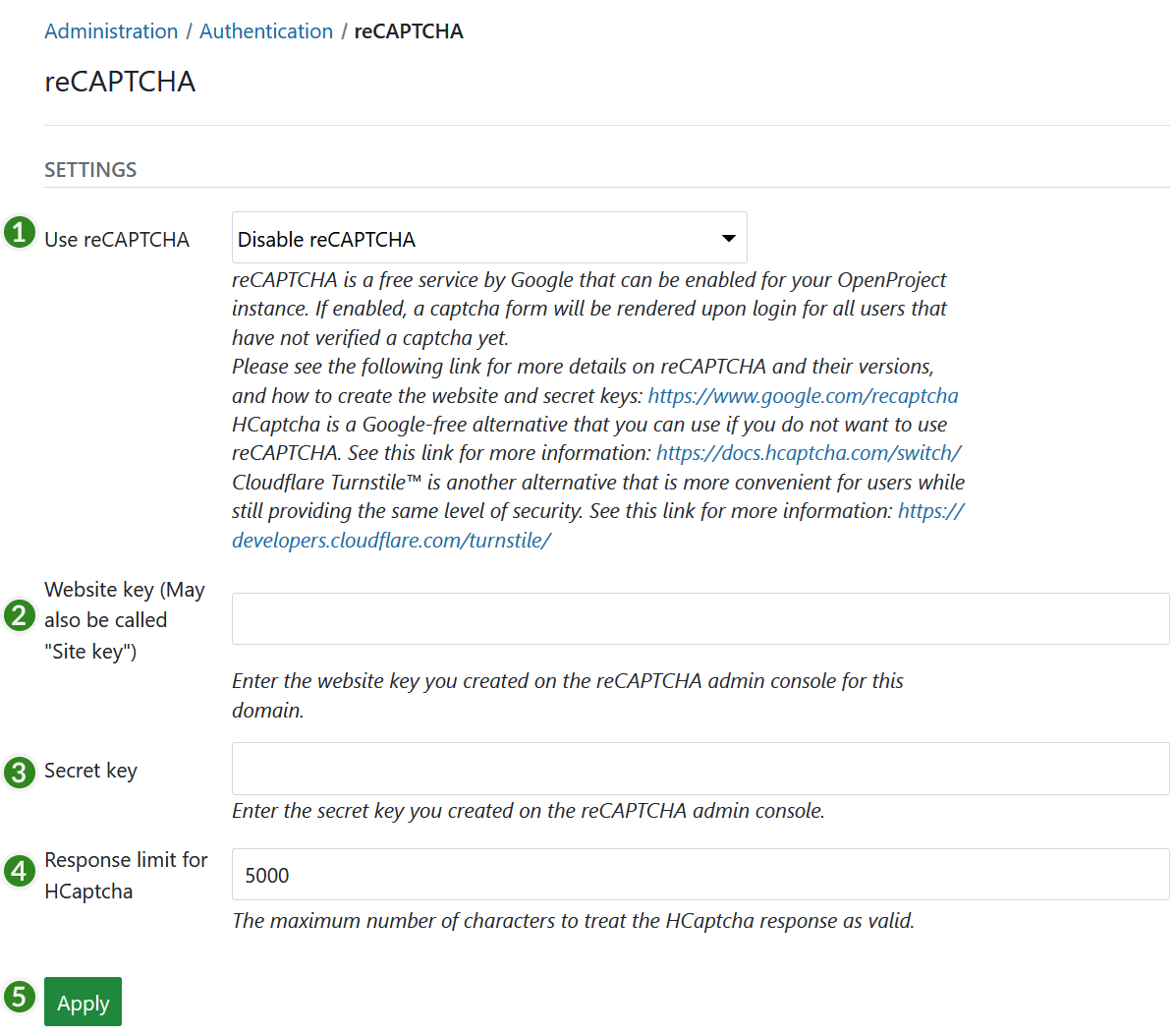 reCAPTCHA authentication settings in OpenProject administration