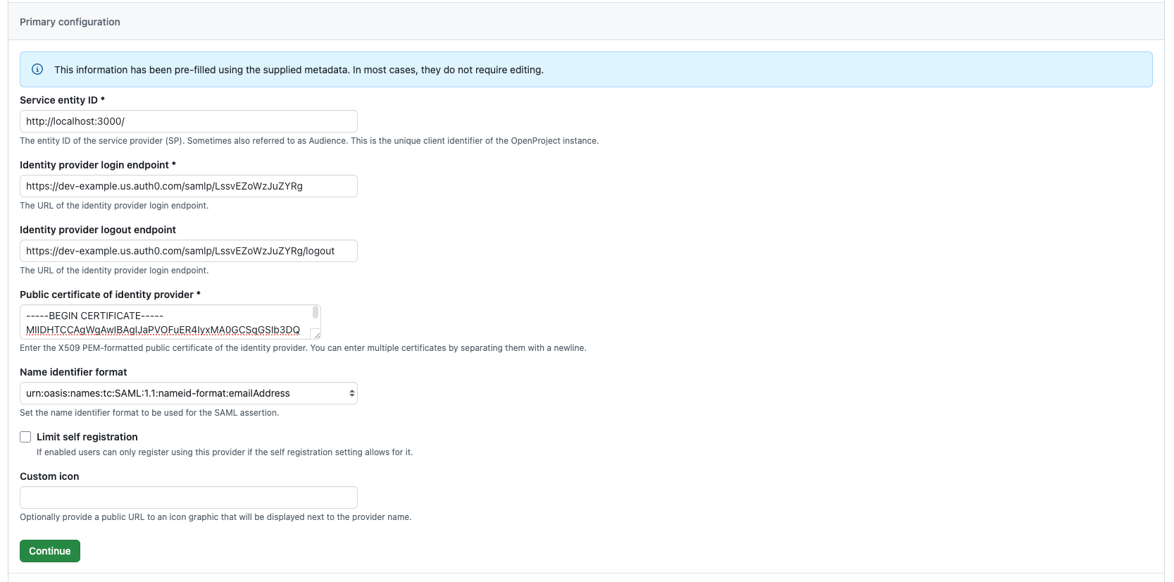 SAML provider primary configuration