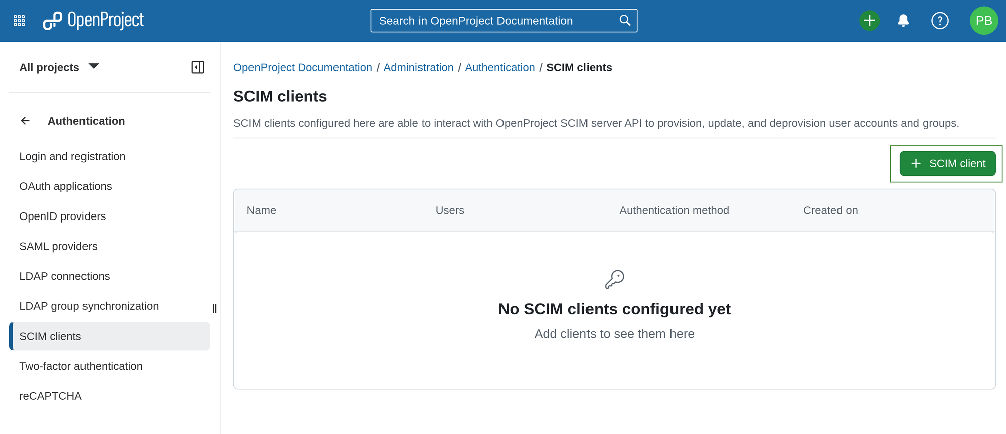 A button to add a SCIM client on a SCIM clients index page under authentication settings in OpenProject administration