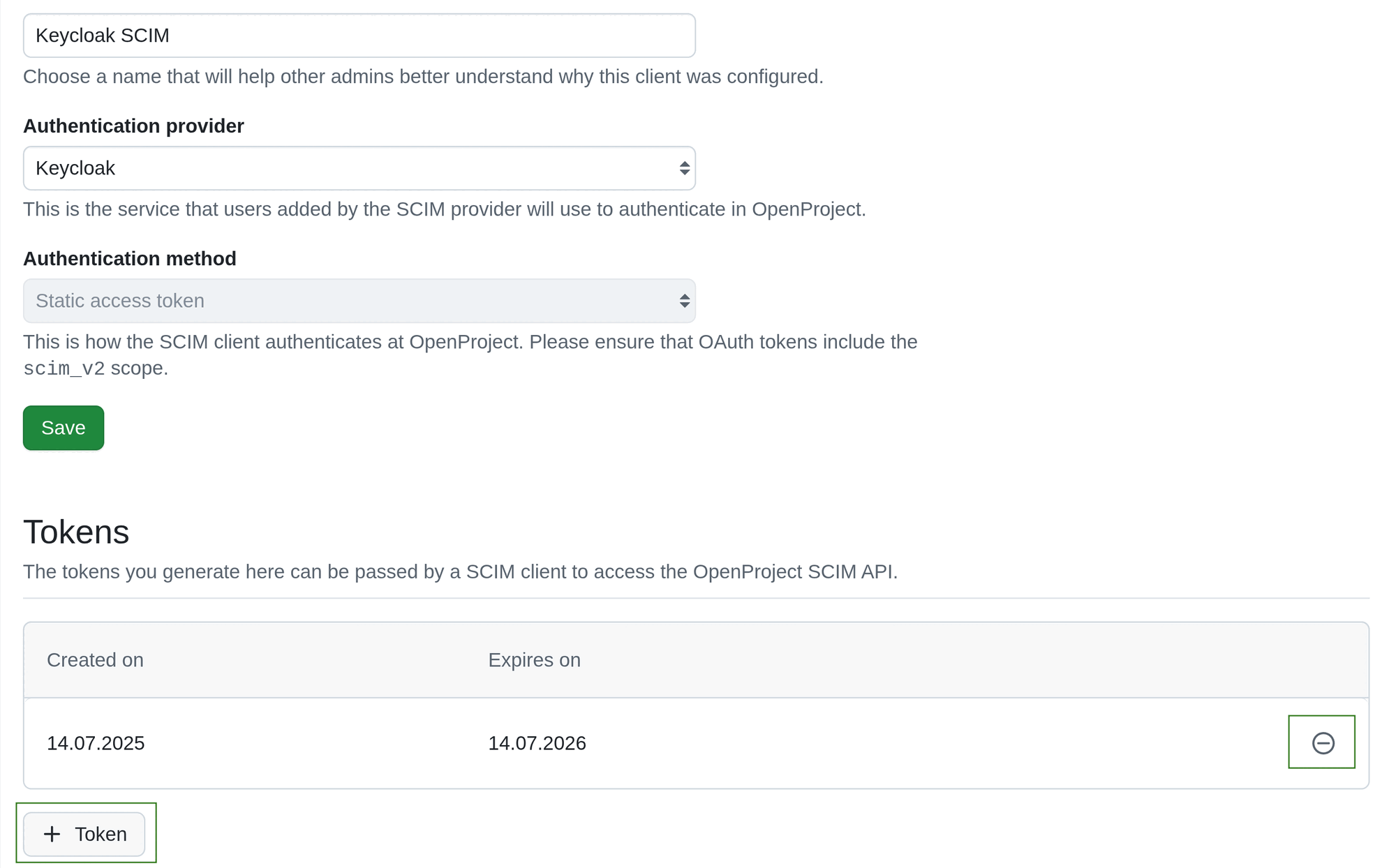 Add or revoke static access token on a SCIM client detailed from under administration settings in OpenProject administration