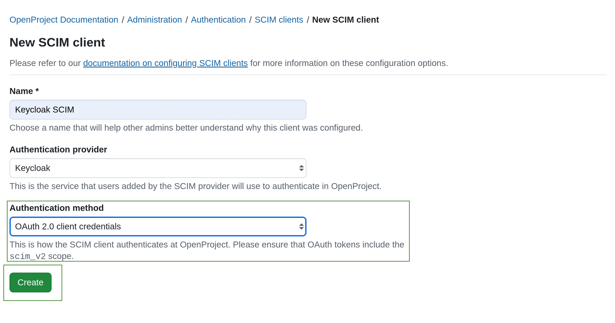 Add SCIM client. Creation form. Client credentials. Generate client credentials.