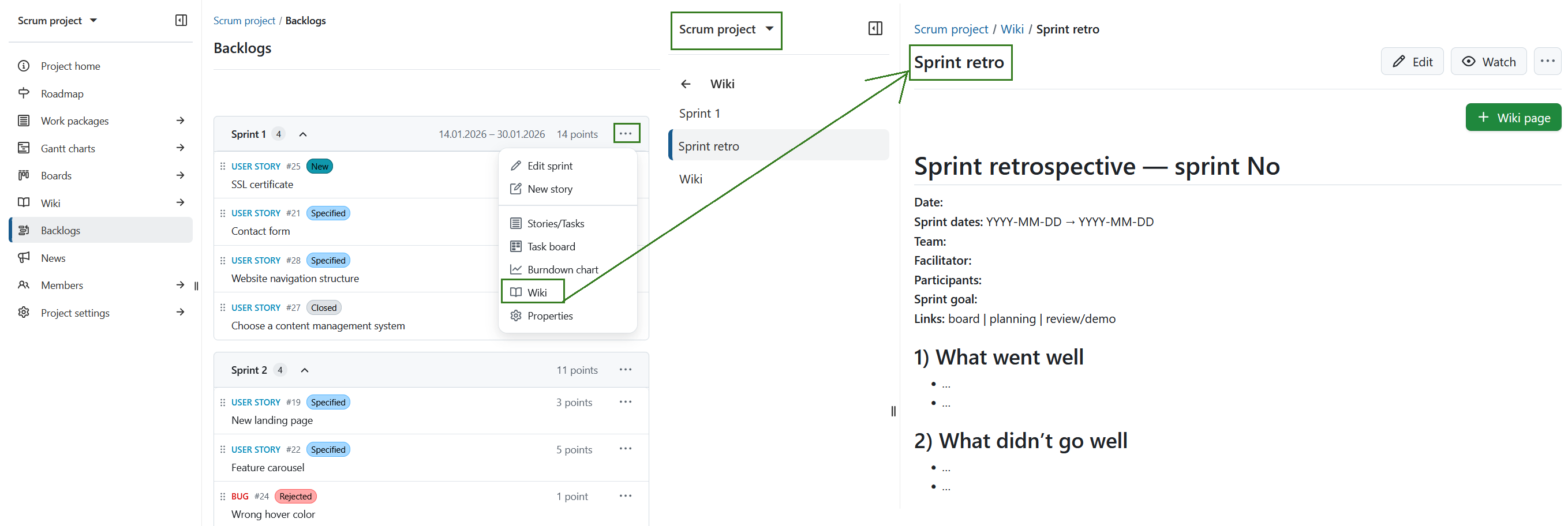 New wiki page created based on a backlogs wiki template in OpenProject