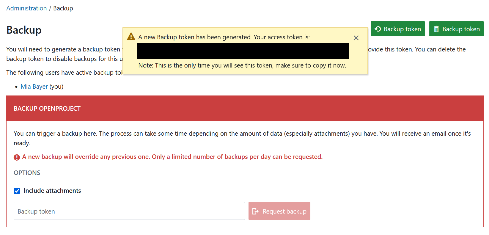 Success backup token generation message in OpenProject