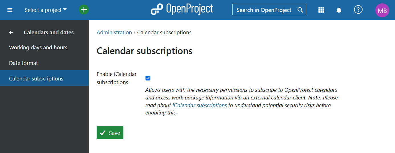 Calendar subscriptions administrator settings