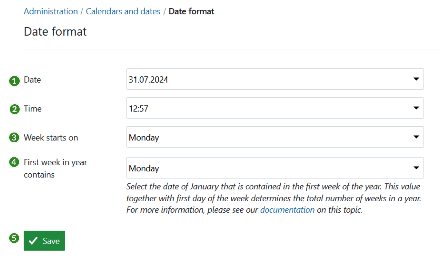 Date format in OpenProject administration settings