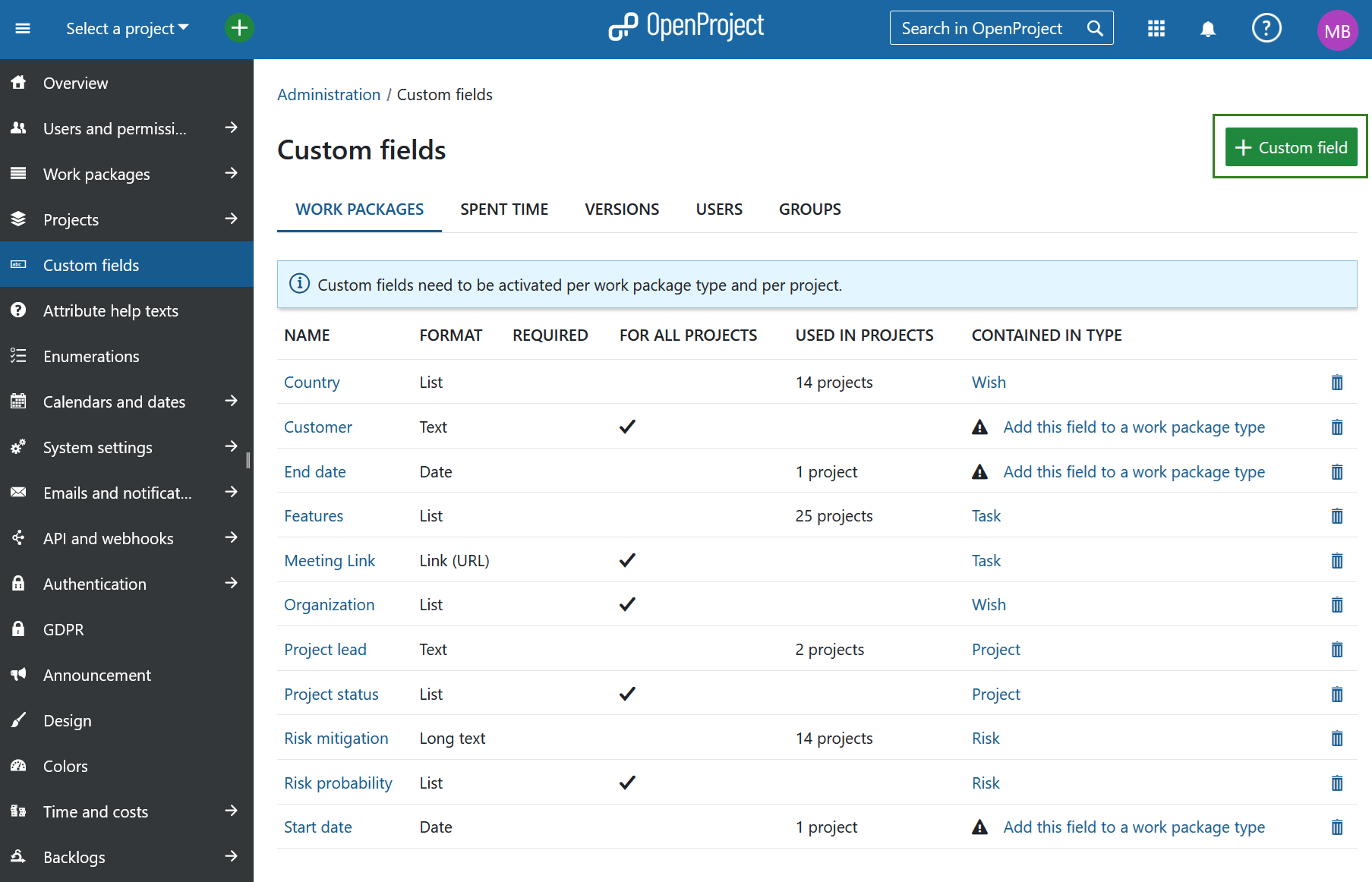 Custom fields in OpenProject administration settings