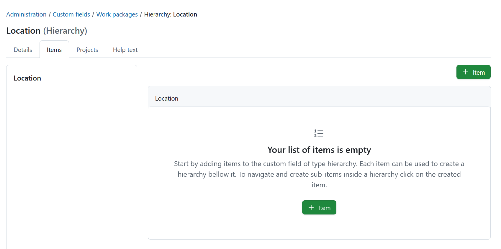Items tab for a hierarchy custom field in OpenProject administration
