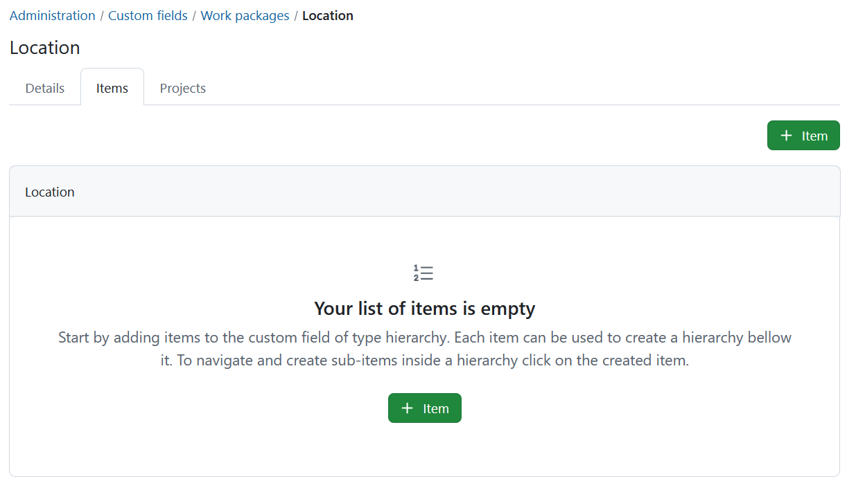 Items tab for a hierarchy custom field in OpenProject administration