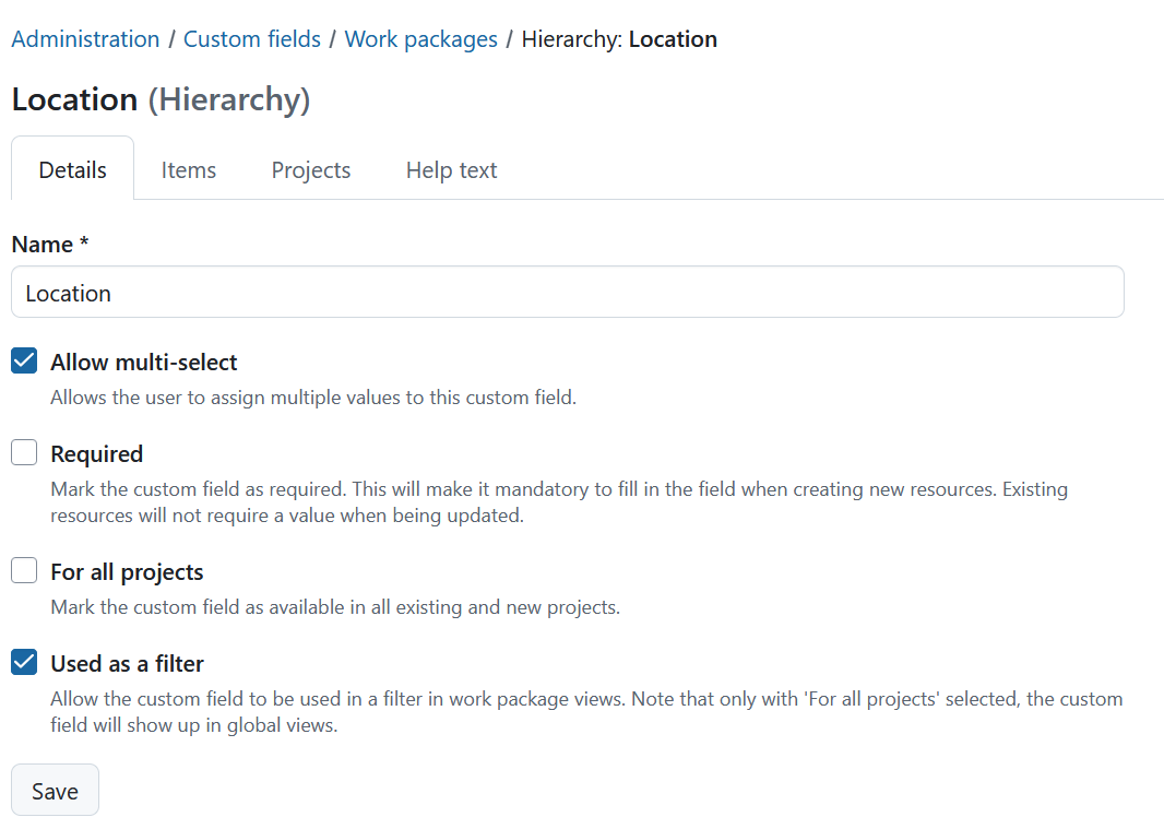 Detailed view of a custom field in OpenProject administration