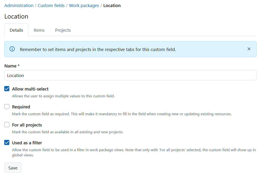 Detailed view of a custom field in OpenProject administration