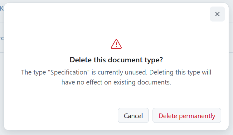 A warning message when deleting an unused document type in OpenProject