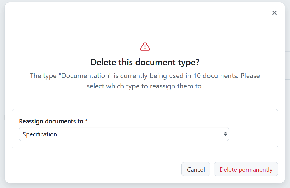A warning message when deleting a used document type in OpenProject, asking to reassigning documents to a different type