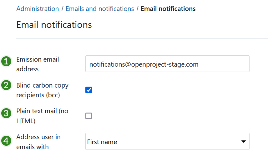 Setting email notifications in OpenProject administration