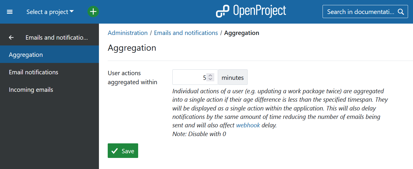 Administration setting email and notifications aggregation in OpenProject administration