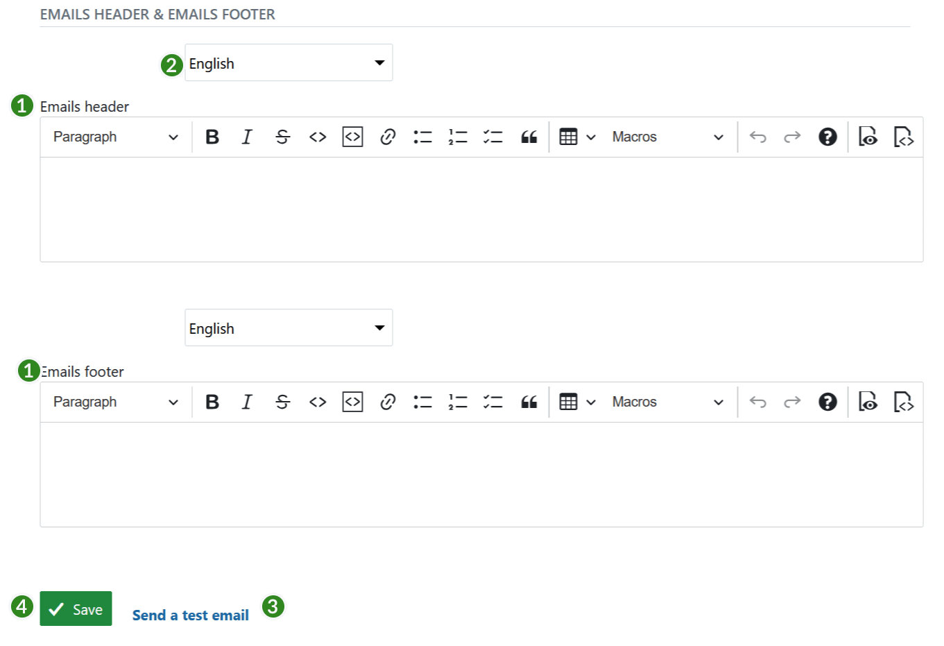 Administration setting email notifications header and footer