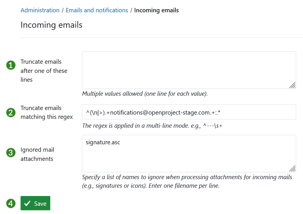 Adjust incoming emails in OpenProject administration settings