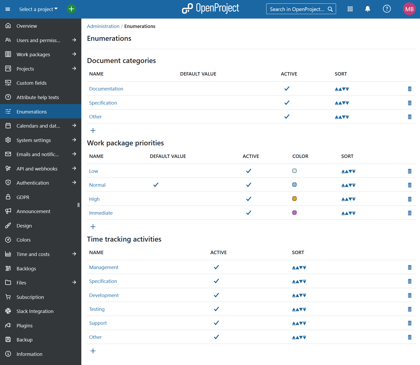 Enumerations in OpenProject administration