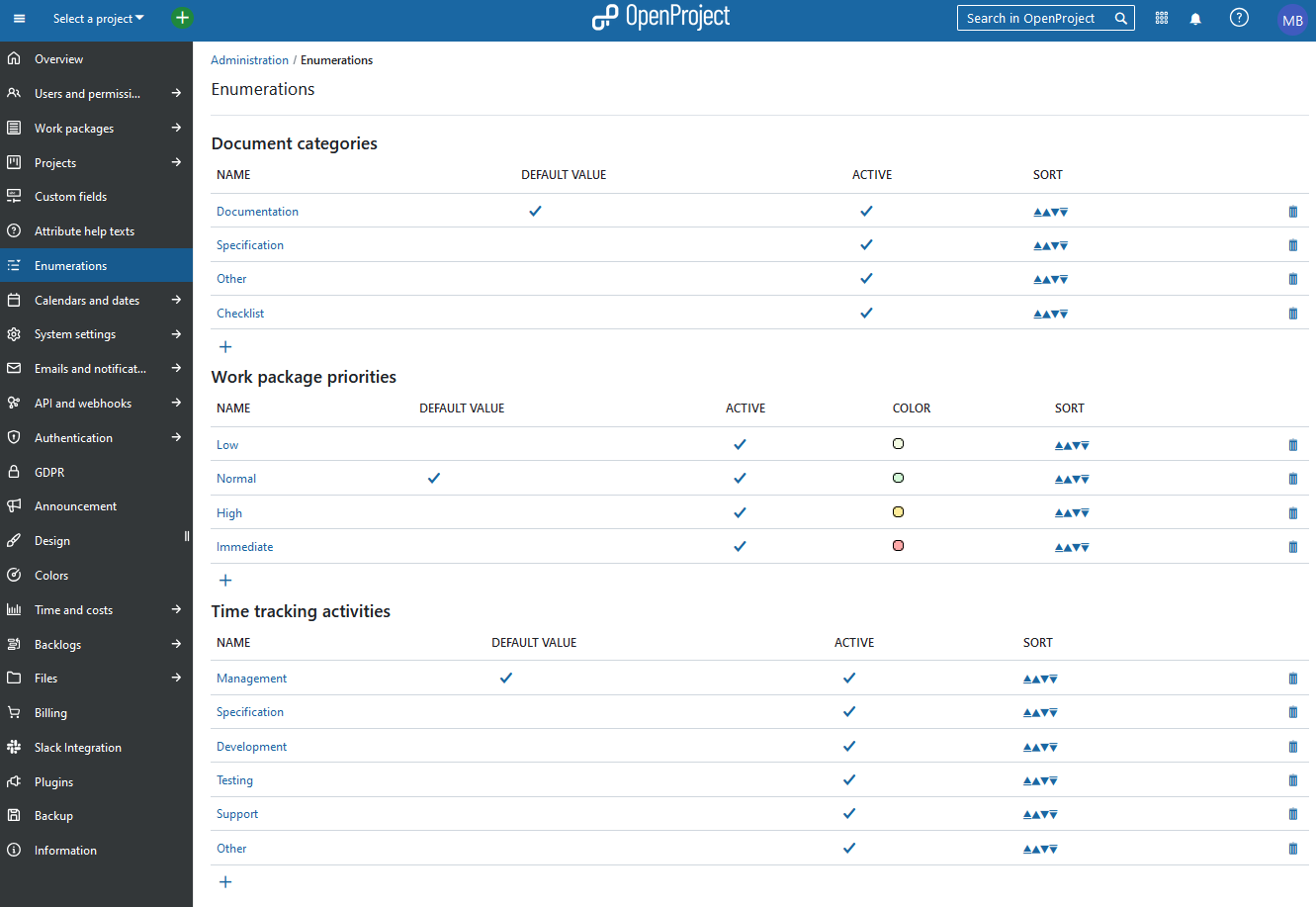 Enumerations in OpenProject administration