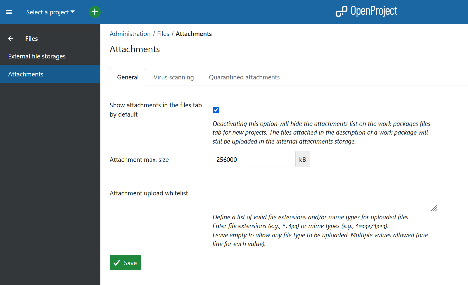 Attachment settings in OpenProject administration