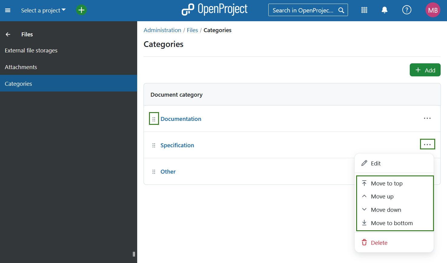 Documenta categories overview in OpenProject administration