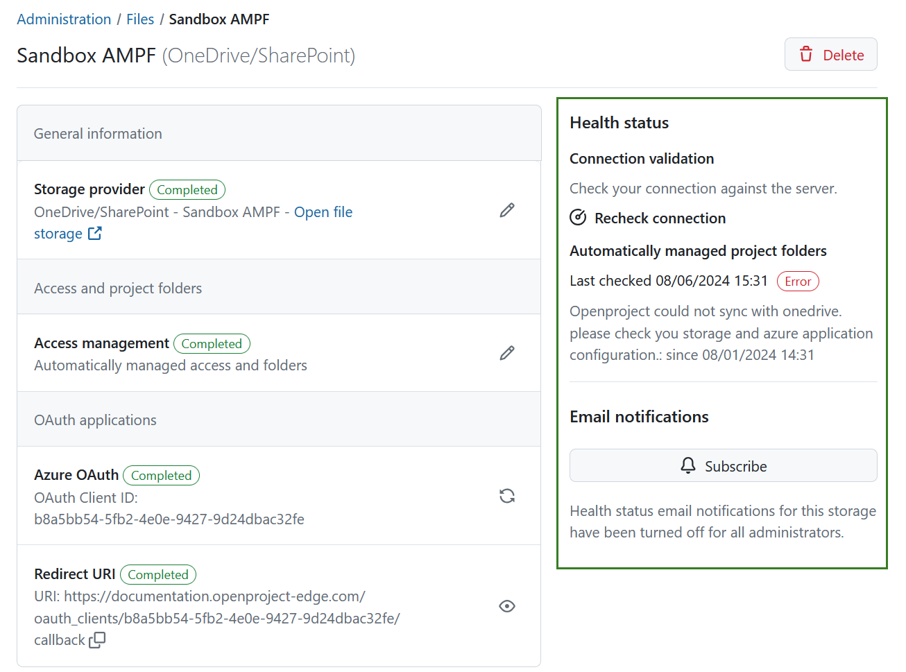 Health check for automatically managed folders in file storage integrations in OpenProject