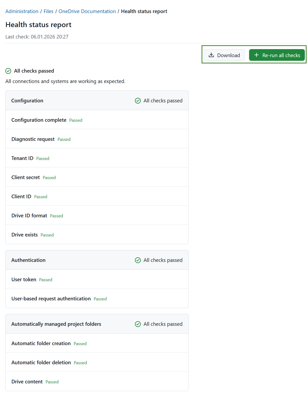 Health status report for a file storage in OpenProject administration
