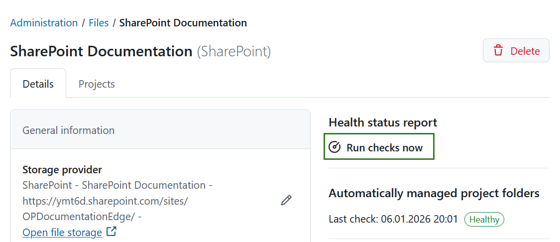 Check connection for a file storage in OpenProject administration