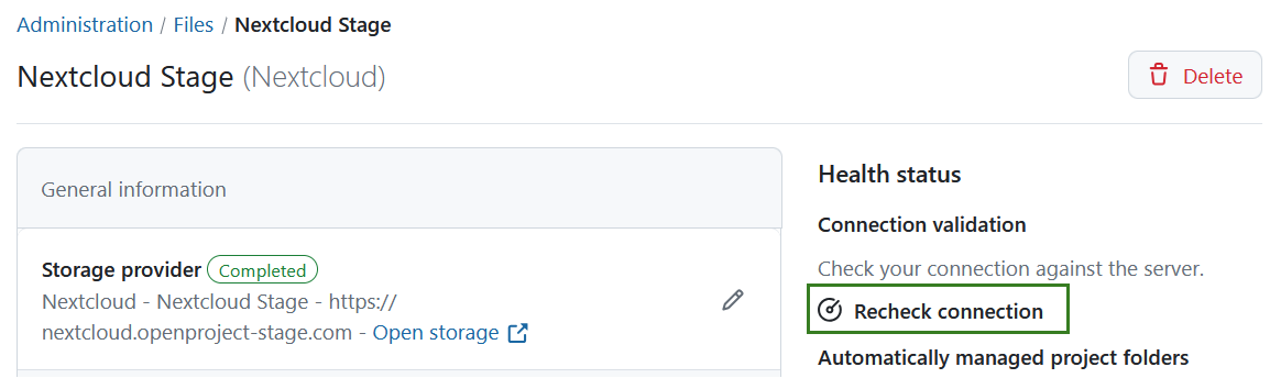 Recheck connection for Nextcloud in OpenProject administration