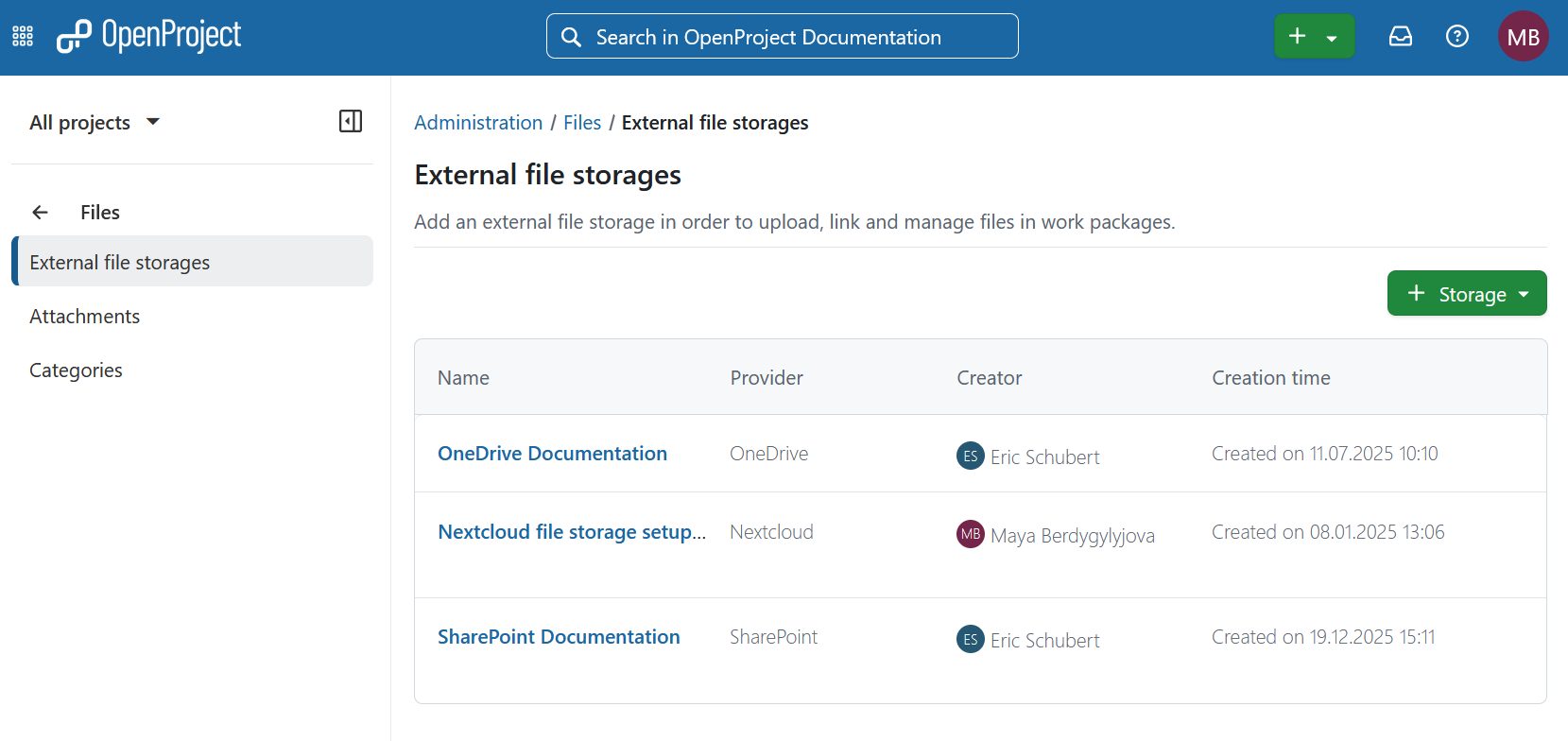 Files storages in OpenProject administration