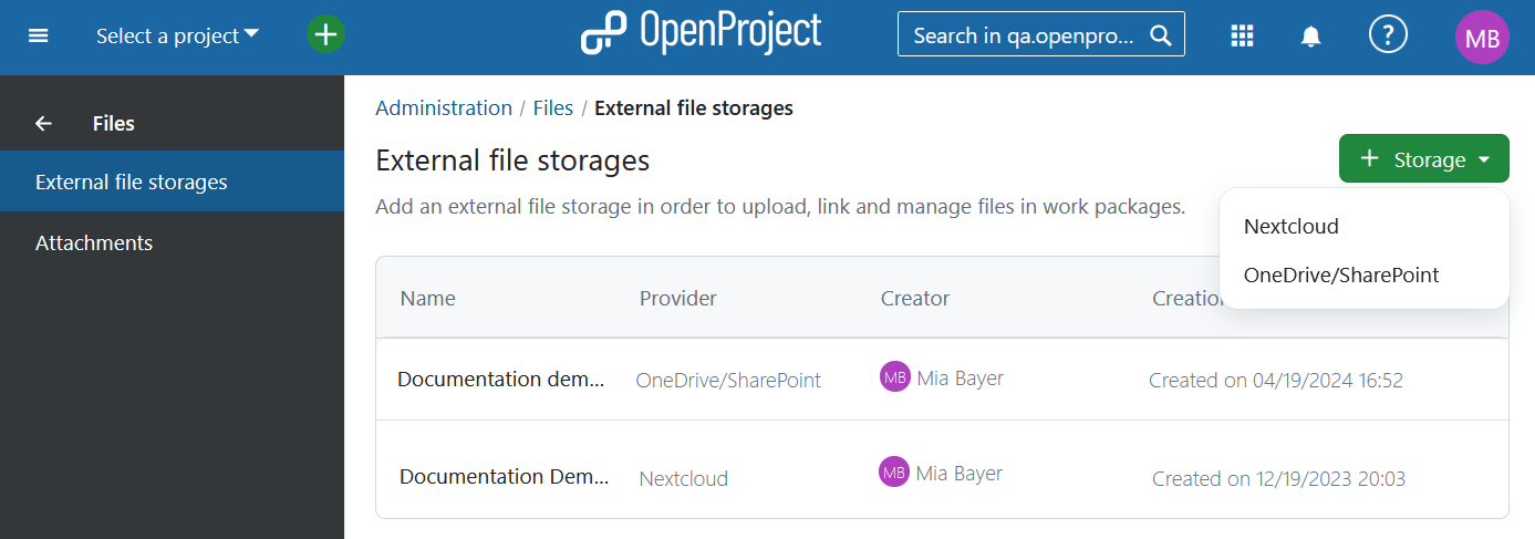 Files storages in OpenProject administration