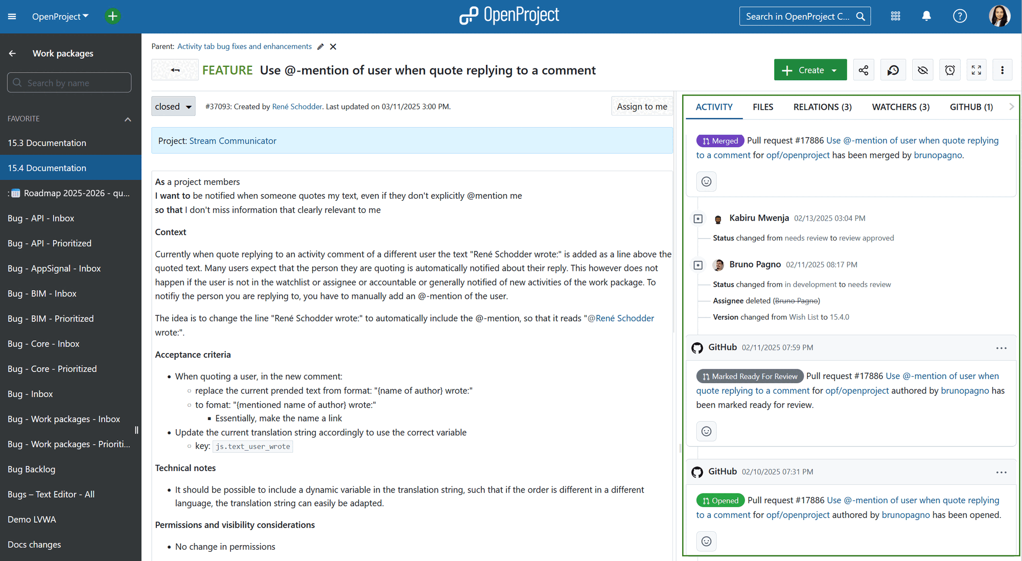 Github comments on Activity tab of an OpenProject work package